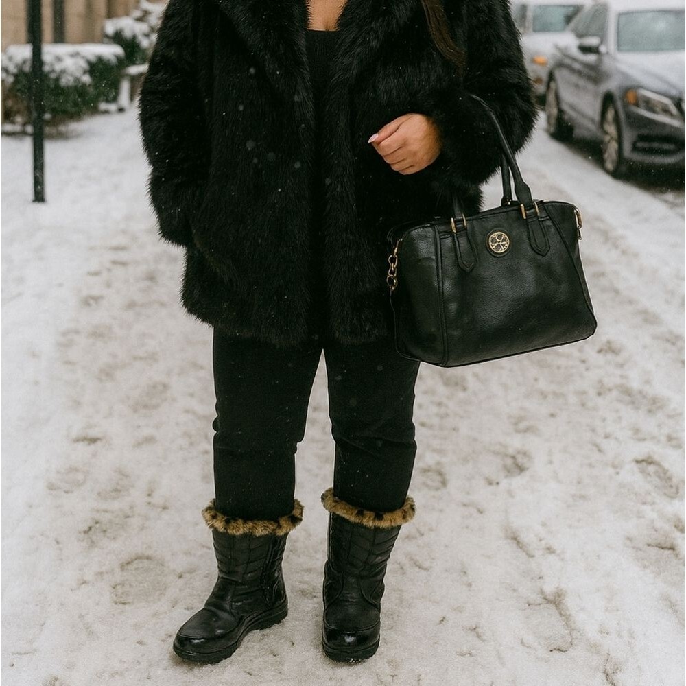 Weatherproof Quilted Black Boots Faux Fur Animal Print 10 Rain Snow Boot Winter